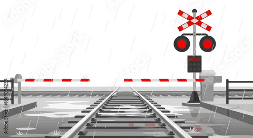 Railroad crossing with signal lights and barrier arm in a rainy weather landscape vector illustration depicting safety and transportation infrastructure