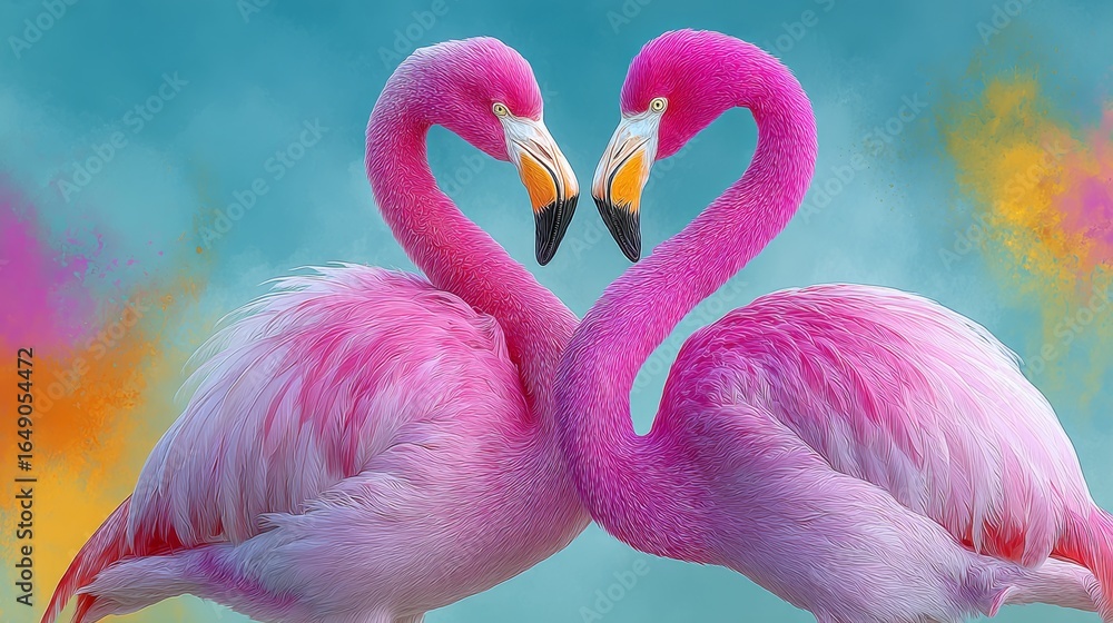 Naklejka premium Two pink flamingos are standing next to each other, their necks touching. The image has a warm and romantic mood, with the pink color of the flamingos and the blue sky in the background