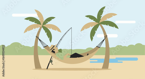 Relaxing tropical illustration of a fisherman enjoying his time in a hammock