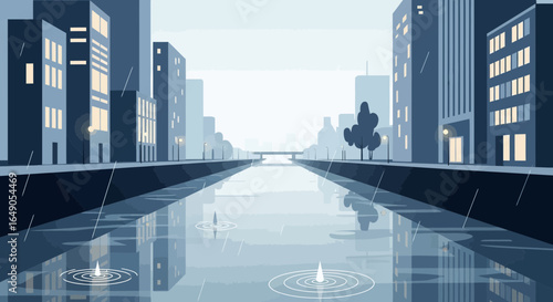 Raining In Minimalist Metropolis Along The River Watery Reflection