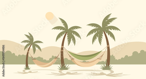 Relaxing vector illustration of a tropical beach with hammocks under palm trees in soft pastel tones