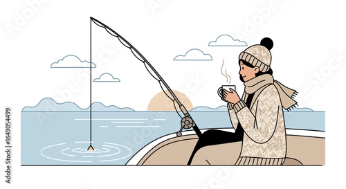 Relaxing Winter Fishing On Boat Woman Sipping Hot Drink Enjoying Peaceful Landscape