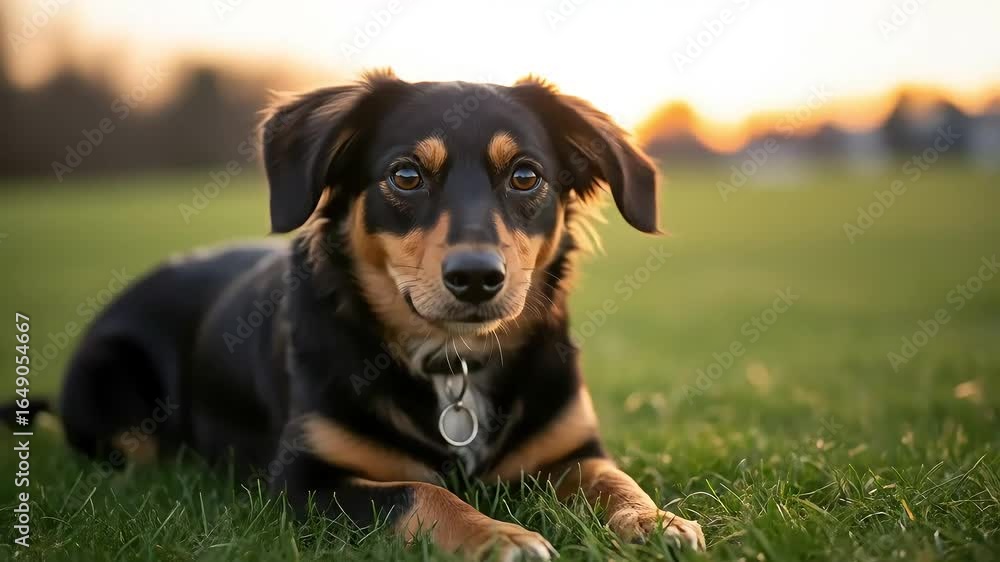 Young Dog Lying Calmly on Green Grass During Sunset in a Park Young Dog Lying Calmly on Green Grass During Sunset in a Park