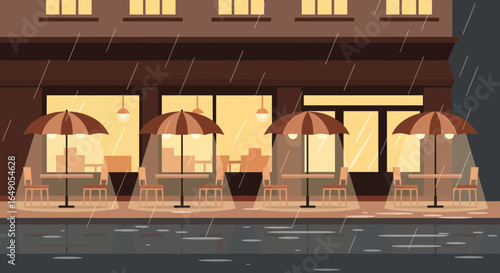 Rainy Cityscape Scene Featuring A Quiet Cafe Terrace On A Wet Day