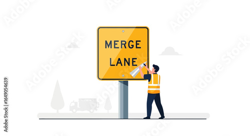 Repairing Merge Sign On Road Construction Worker Maintaining Signage Safely