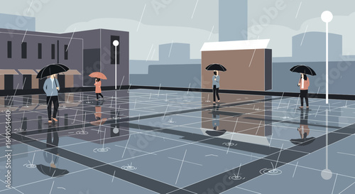 Rainy Cityscape People Under Umbrellas Reflections on Wet Pavement