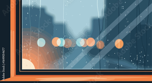 Rainy cityscape through window illustration evokes calm and melancholic mood