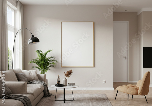 Living room interior with sofa, plant, lamp, blank frame and chair in neutral tones