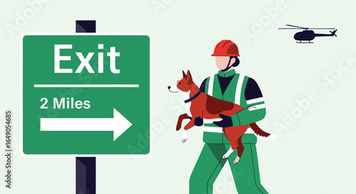 Rescuer Holding Dog Near Exit Sign With Helicopter Evacuation In Air