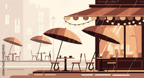 Rainy Day At A Cozy Cafe Scene With Empty Tables And Umbrellas