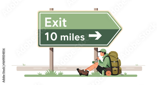 Restful Stop Along The Trek, Exhausted Hiker Eating By Roadside Exit Sign