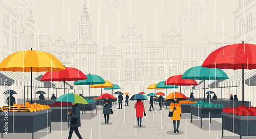 Rainy Day At European Market With Colorful Umbrellas And City Architecture