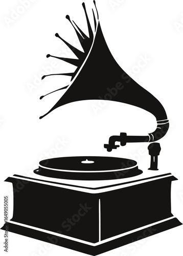 Vintage gramophone silhouette vector illustration, antique music player with horn speaker for retro audio and decor design