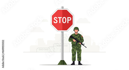 Restricted Area Armed Forces Guarding Stop Sign For Security Purposes