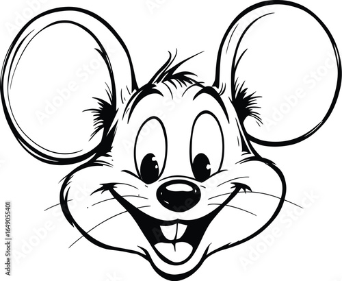 Cartoon mouse face vector illustration, bold black and white animal character with big ears and cheerful smile for kids design