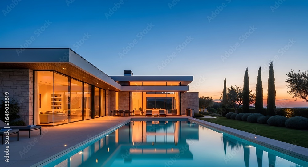 Obraz premium Serene twilight at a modern villa with a shimmering pool reflecting the sky