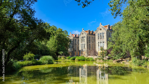 Historic Spa Pavilions, view across the pond in the Dom Carlos I Park, Caldas da Rainha, Portugal