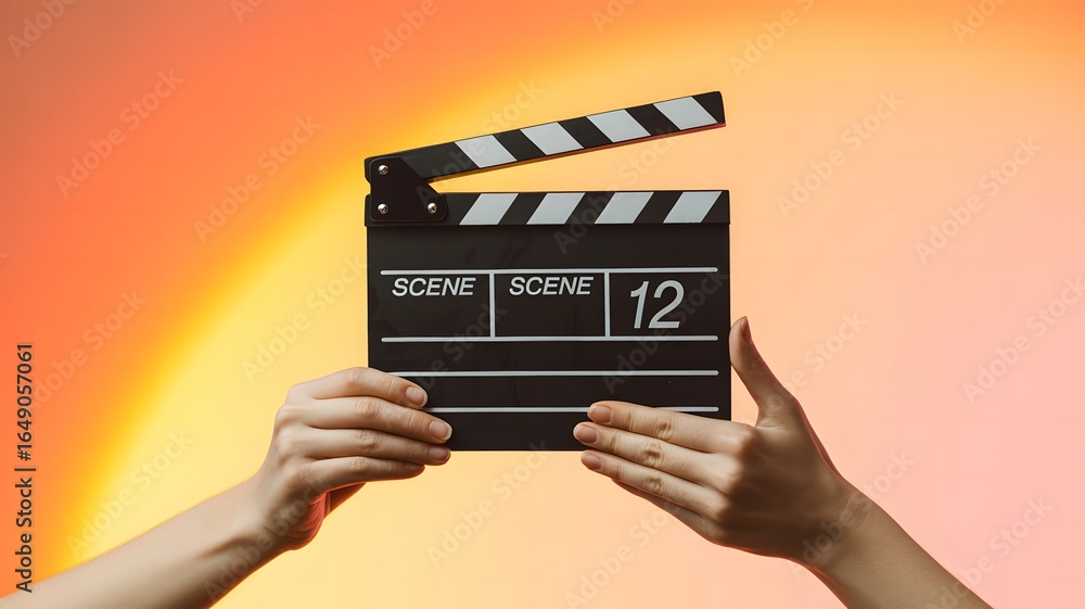 Naklejka premium Hands Holding Film Clapperboard Against Gradient Orange and Yellow Background