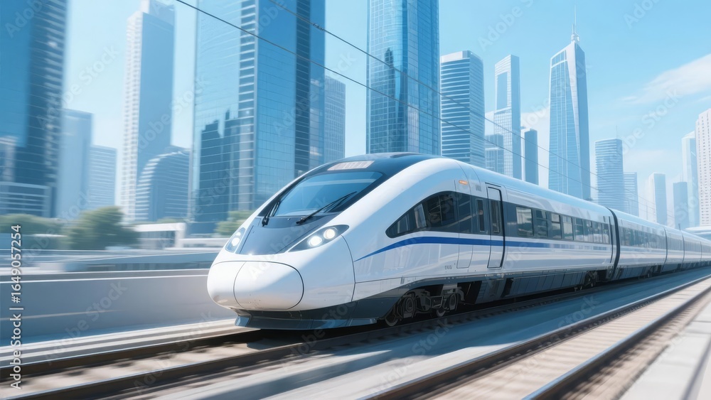 Fototapeta premium Modern high-speed train traveling through a futuristic cityscape