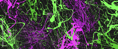 Vector illustration. Acidic color paint splatter background. Dynamic messy dye concept. Modern artistic painting. Horizontal backdrop. Panoramic wallpaper with hand drawn chaotic ink splashes