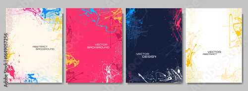 Vector illustration. Hand drawn abstract color banner set. Colorful ink mess with halftone dots. Design for poster, invitation, gift card, coupon, book cover, notebook, flyer. Random paint splatter