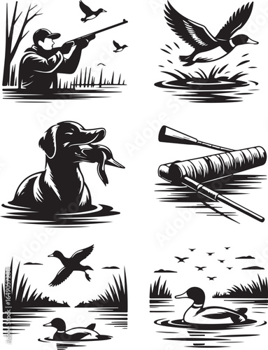 Duck hunting scenes, dog retrieving, and gear icons