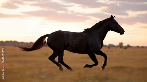 A black horse galloping across an open meadow, mane flowing in the wind, sunset sky behind.