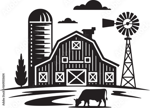 Classic farm scene with barn, silo, windmill, cow
