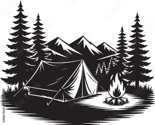 Cozy camp scene with tent and campfire under mountains