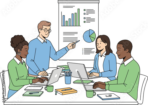 Business Team Collaboration and Data Analysis in Meeting Illustration
