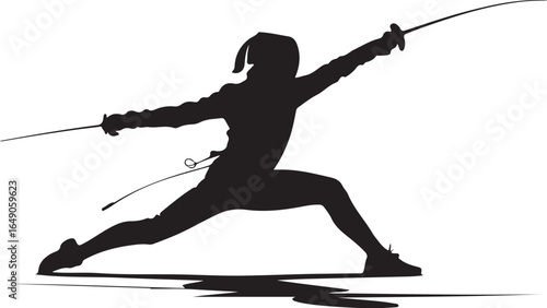 Dynamic fencer lunges with sword in sharp silhouette action