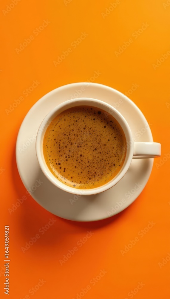 Fototapeta premium Aromatic coffee, white cup, bright orange backdrop Top-down view , espresso, colour