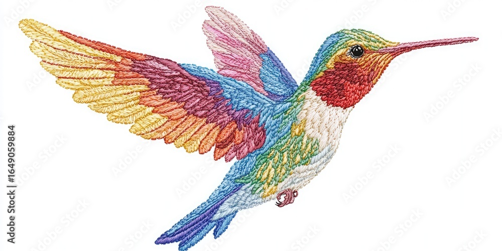 Obraz premium Embroidery style drawing of hummingbird with bright stitched wings, white cloth base Stock photo