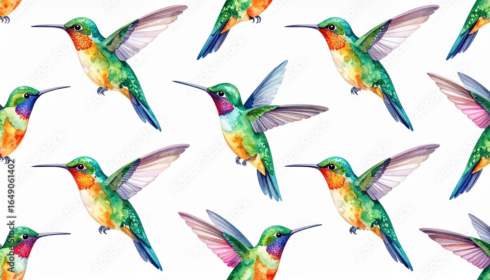 Obraz premium Birds, colibri, hummingbirds, seamless, light, background, pattern, wallpaper, colorful, tropical, exotic, nature-inspired, repeated, decorative, artistic, vibrant, flying, delicate, small, ornamental