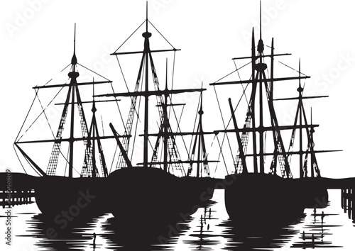Historic tall ships silhouette at harbor dock waterfront