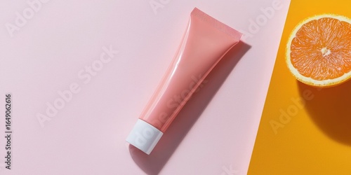 Flatlay scene of stylish peach cosmetic tube, Hangul-based label and English subtext, minimal shadows Stock photo