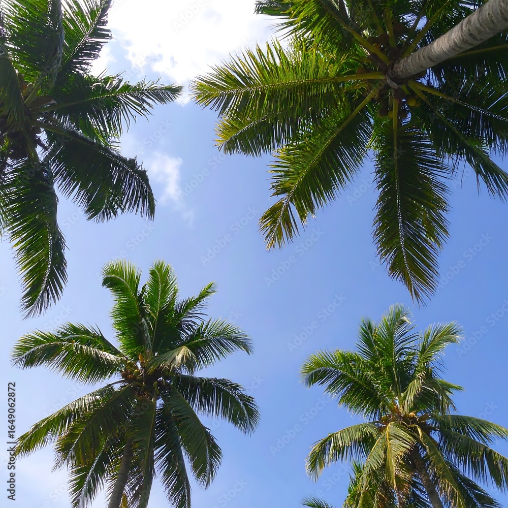 Fototapeta premium Palm trees against a bright blue sky. Looking up at tropical foliage