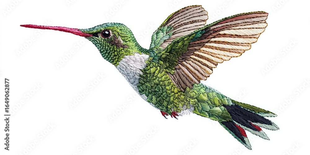 Obraz premium Floating embroidery design of bright green hummingbird in air, red detail on beak and tail Stock photo