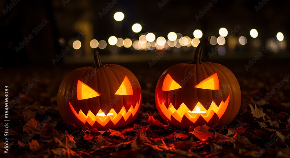 Two Glowing Jack O'Lanterns with a Spooky Halloween Night Backdrop Two Glowing Jack O'Lanterns with a Spooky Halloween Night Backdrop