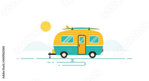 Retro Camper Van Trip For Summer Vacation In A Flat Design Style