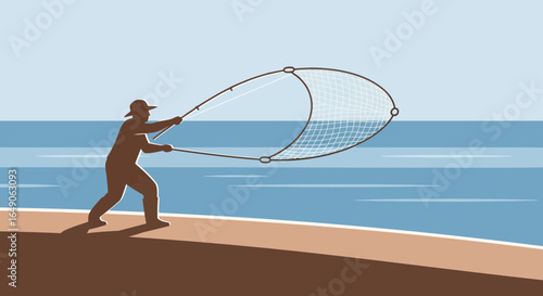 Retro illustration of a fisherman casting a net on the beach, embodying traditional sea fishing, evoking a peaceful coastal scene