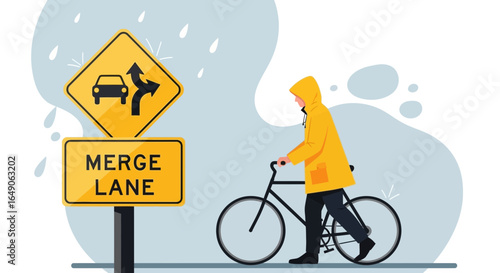 Riding A Bike In The Rain Along A Merge Lane Is Common Lifestyle