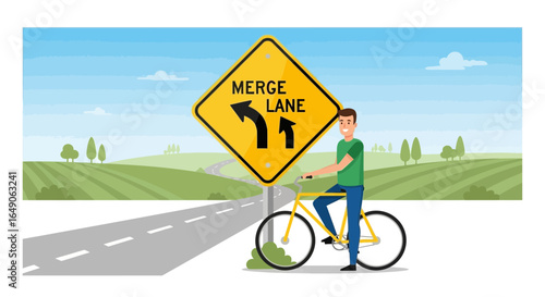 Riding Bicycle By Road Merge Sign Illustration With Landscape View