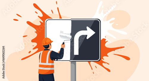Right Turn Ahead Sign Refurbishment Project by Road Worker With Splatter Effects