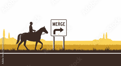 Riding Towards Change Equestrian Silhouette By Roadside Traffic Merge Sign