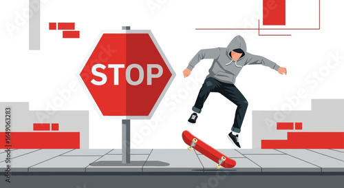 Risk Taker: Skateboarder Ignoring Warning Sign Performing Trick In Urban Landscape