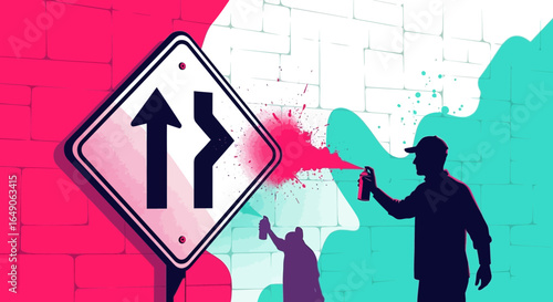 Road Ahead Diverges With Graffiti Artists Spraying Colorful Backgrounds
