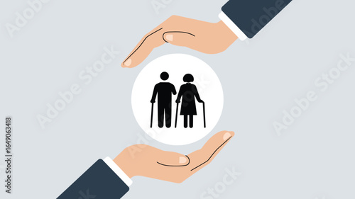 Hands protecting elderly couple icon symbolizing care and security