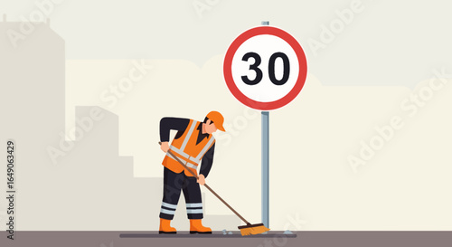 Road Cleaner Sweeping Street Next To Speed Limit Sign Vector Illustration