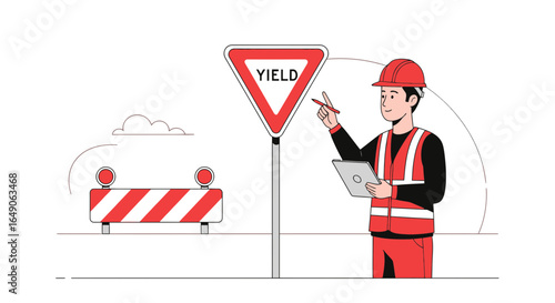 Road Construction Worker Inspecting Traffic Sign With Tablet And Pencil Near Barrier